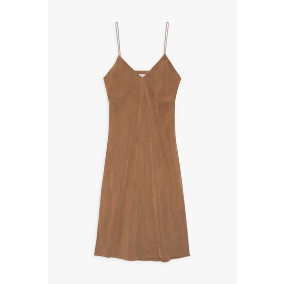 Anine Bing Bay Slip Dress Camel‎ Size Small Tan Brown Silky Midi Chic Sexy Cupro - Picture 3 of 16